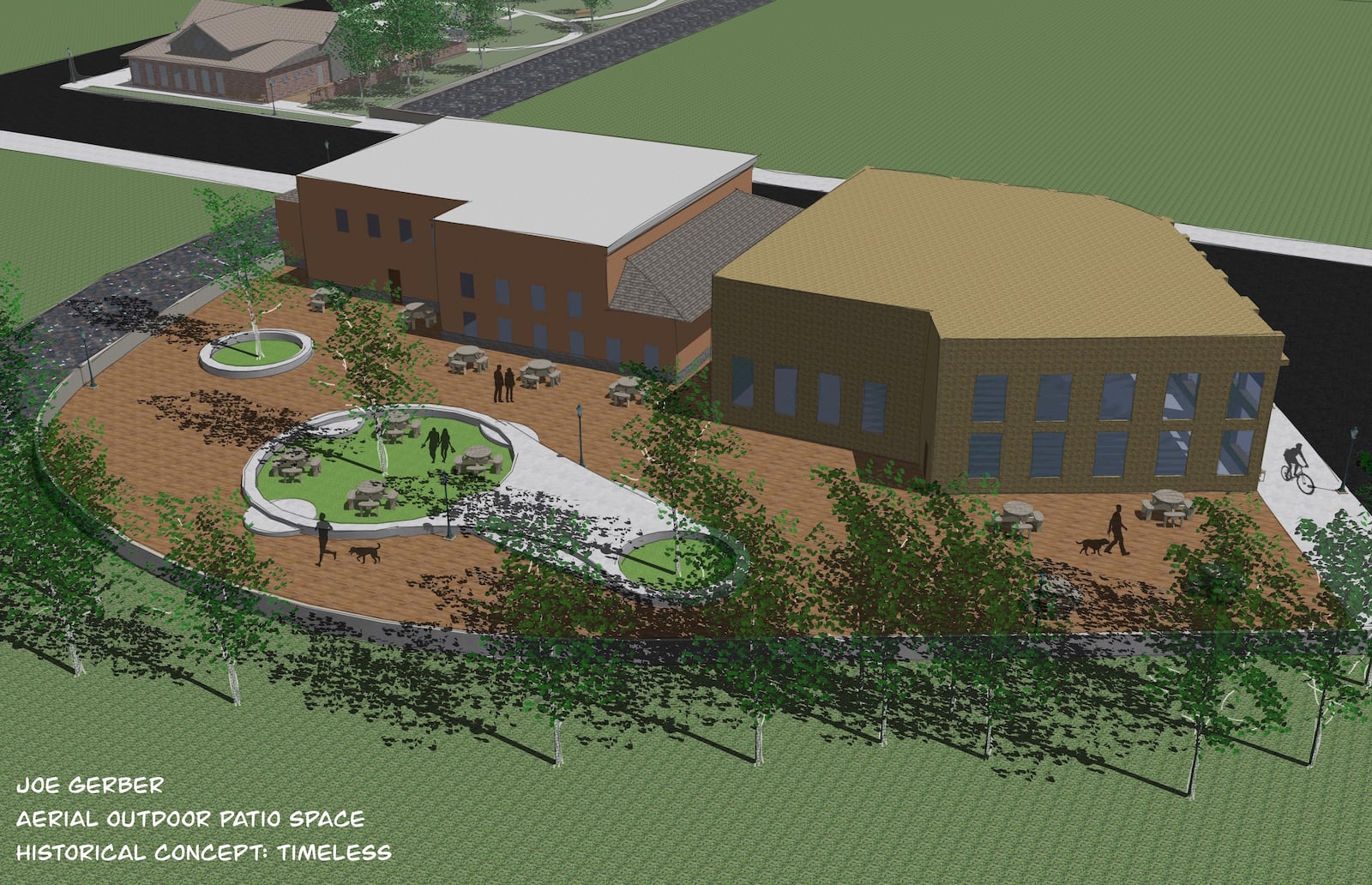 A rendering of an aerial view of a proposed outdoor patio space designed by Cedarville University senior Joe Gerber. CONTRIBUTED