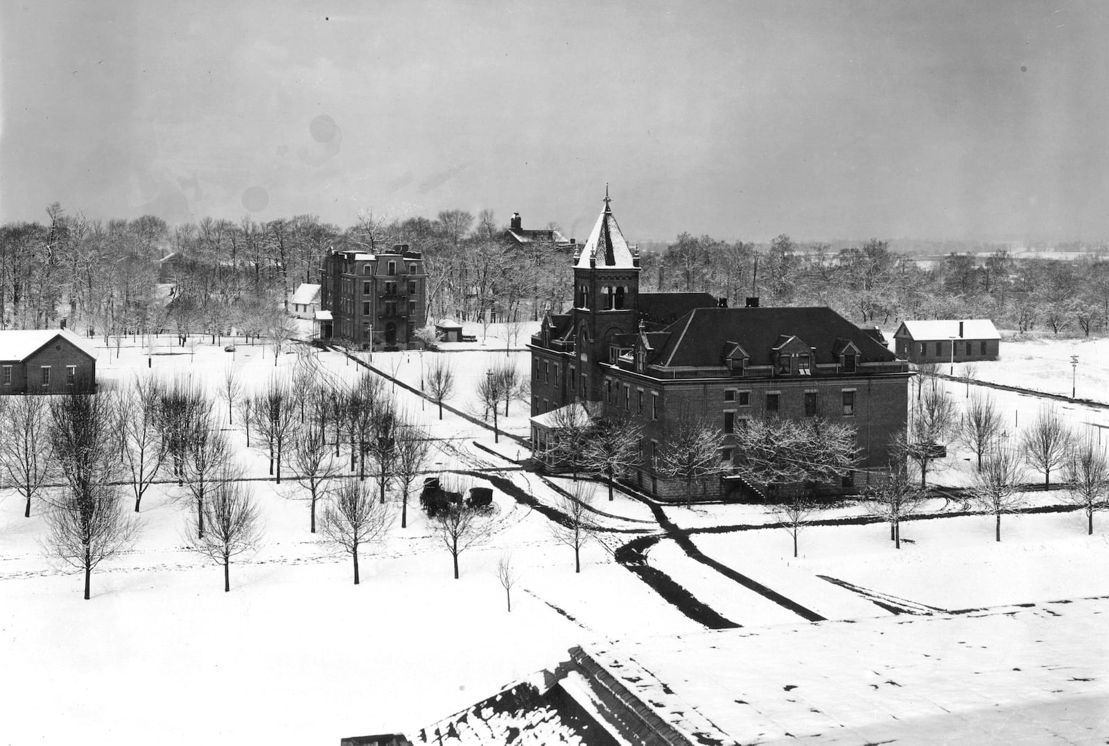 A historic view of what would become the Central State University campus while the property was home to Wilberforce University. Arnett Hall, at right in this early photograph, was heavily damaged during a 1974 tornado that destroyed 80 percent of the campus. Reprinted by permission of Central State University Archives, Wilberforce, OH