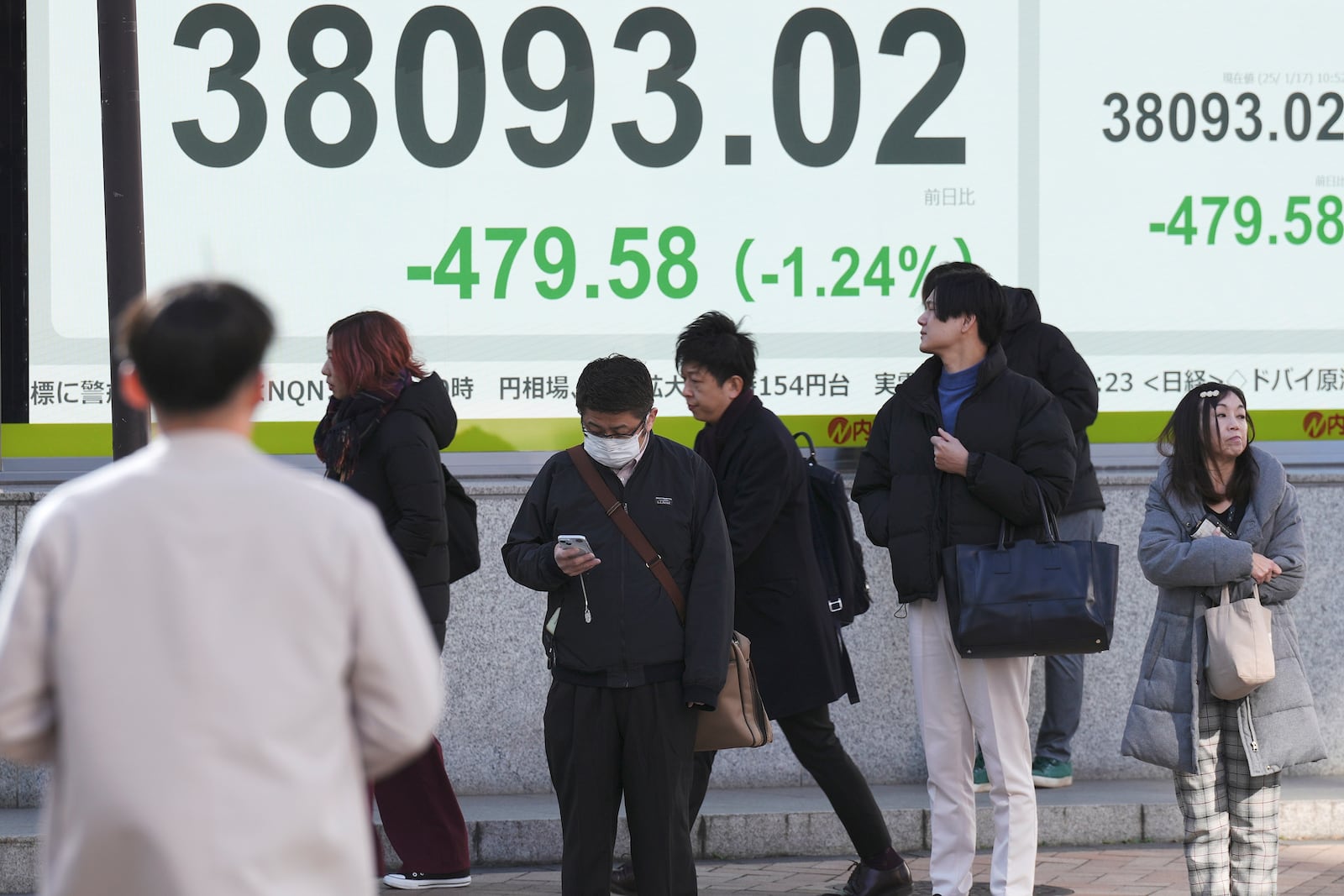 People stand in front of an electronic stock board showing Japan's Nikkei index at a securities firm Friday, Jan. 17, 2025, in Tokyo. (AP Photo/Eugene Hoshiko)