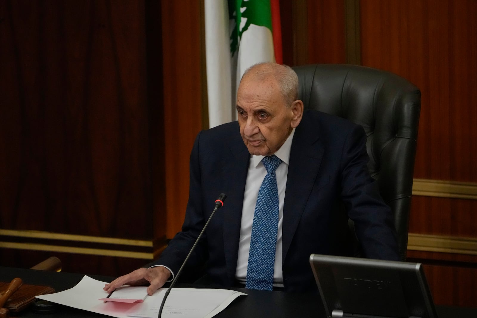 Lebanese Parliament Speaker Nabih Berri opens the session to elect a new president at the parliament building in downtown Beirut, Lebanon, Thursday, Jan. 9, 2025. (AP Photo/Hussein Malla)