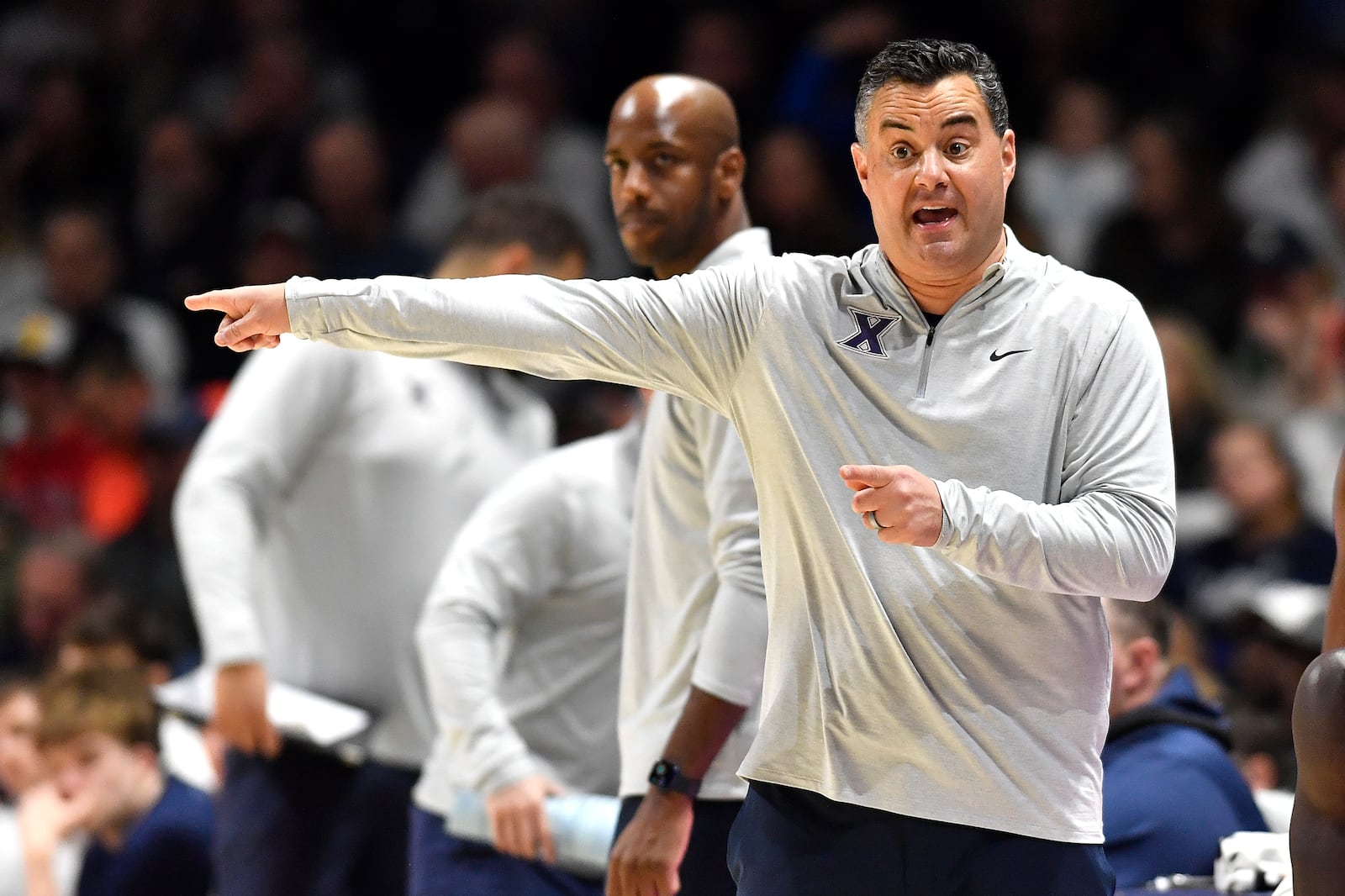 Xavier head coach Sean Miller directs his team during the first half of an NCAA college basketball game against Marquette in Cincinnati, Saturday, March 9, 2024. Marquette won 86-80. (AP Photo/Timothy D. Easley)