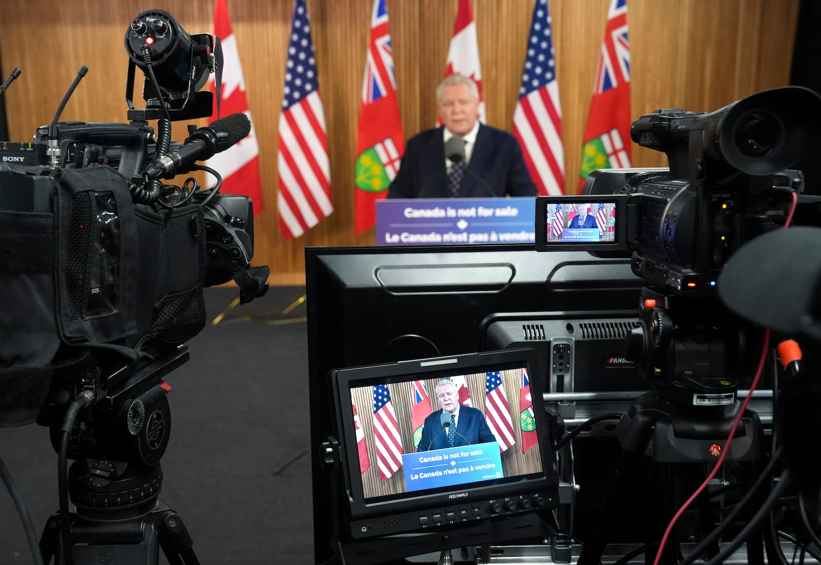 Ontario Premier Doug Ford holds a news conference regarding the new tariffs that the United States has placed on Canada, at Queen's Park in Toronto on Tuesday, March 4, 2025. (Nathan Denette/The Canadian Press via AP)