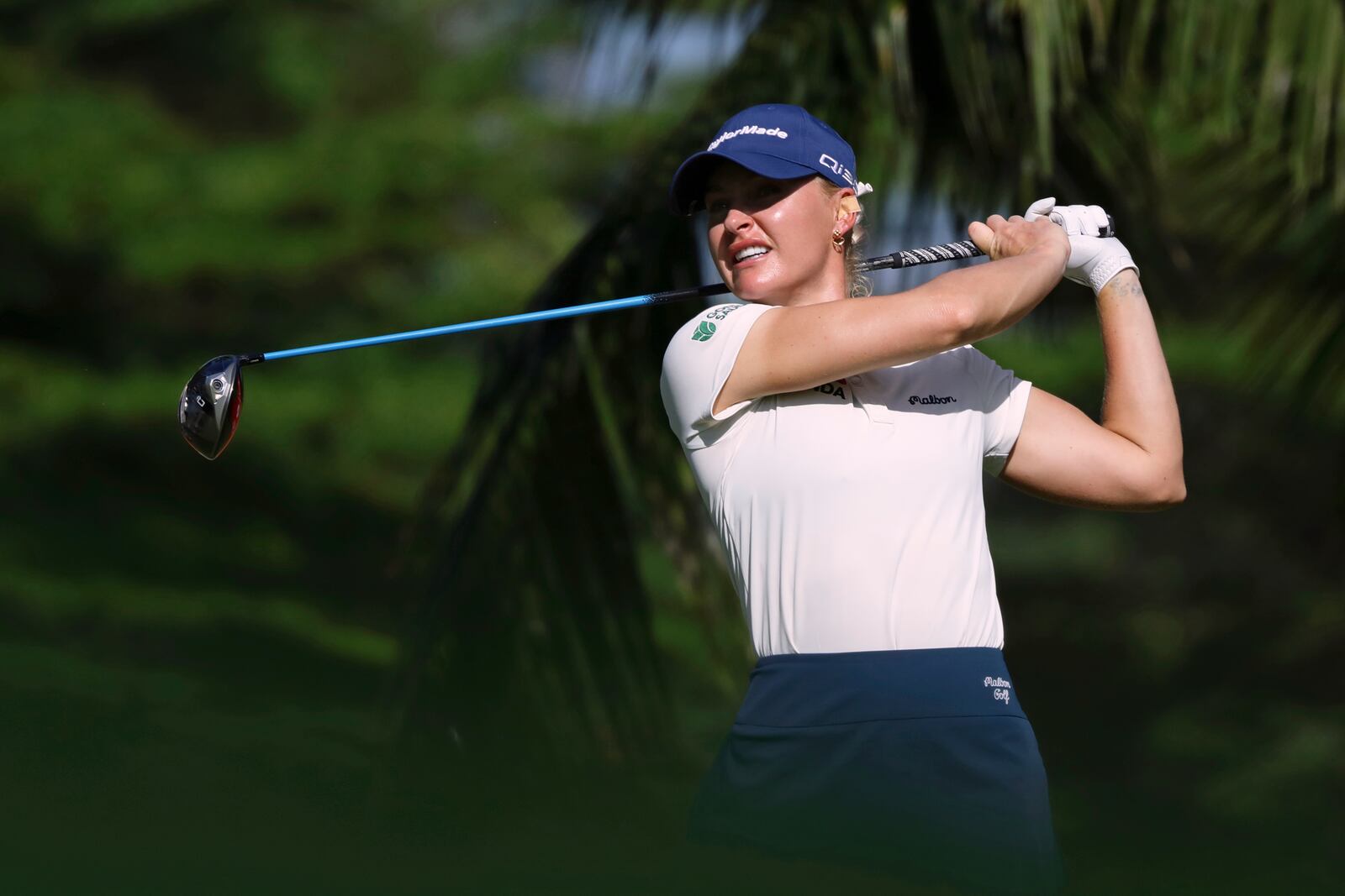 Charley Hull of England tees off during the round four of the HSBC Women's World Championship 2025 at Sentosa Golf Club in Singapore, Sunday, March 2, 2025. (AP Photo/Suhaimi Abdullah)