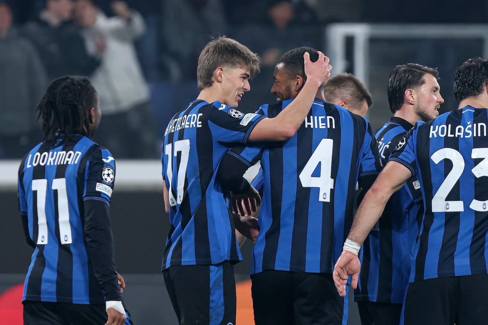 Atalanta's Charles De Ketelaere, second from let, celebrates with teammates after scoring during the Champions League opening phase soccer match between Atalanta and Sturm Graz at the Gewiss Stadium in Bergamo, Italy, Tuesday, Jan. 21 , 2025. (Stefano Nicoli/LaPresse via AP)