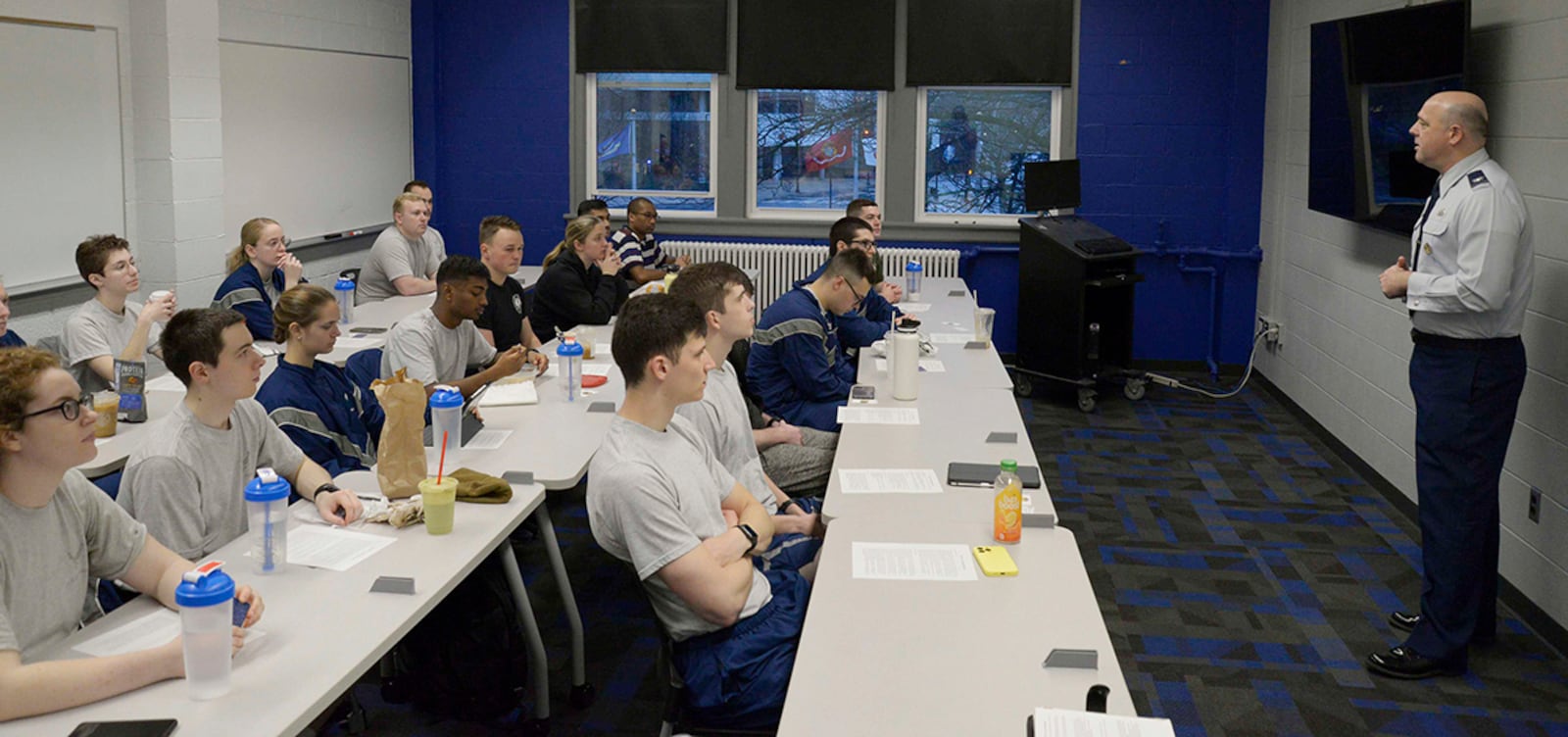 Col. Patrick Miller, 88th Air Base Wing and Wright-Patterson Air Force Base commander, speaks to students as part of the Air Force Detachment 645 ROTC program April 14 at Ohio State University. College students interested in joining the Air Force or Space Force go through a 4-year program, which allow them to attend AFROTC classes along with other college courses to receive elective academic credit. U.S. AIR FORCE PHOTO/DARRIUS PARKER