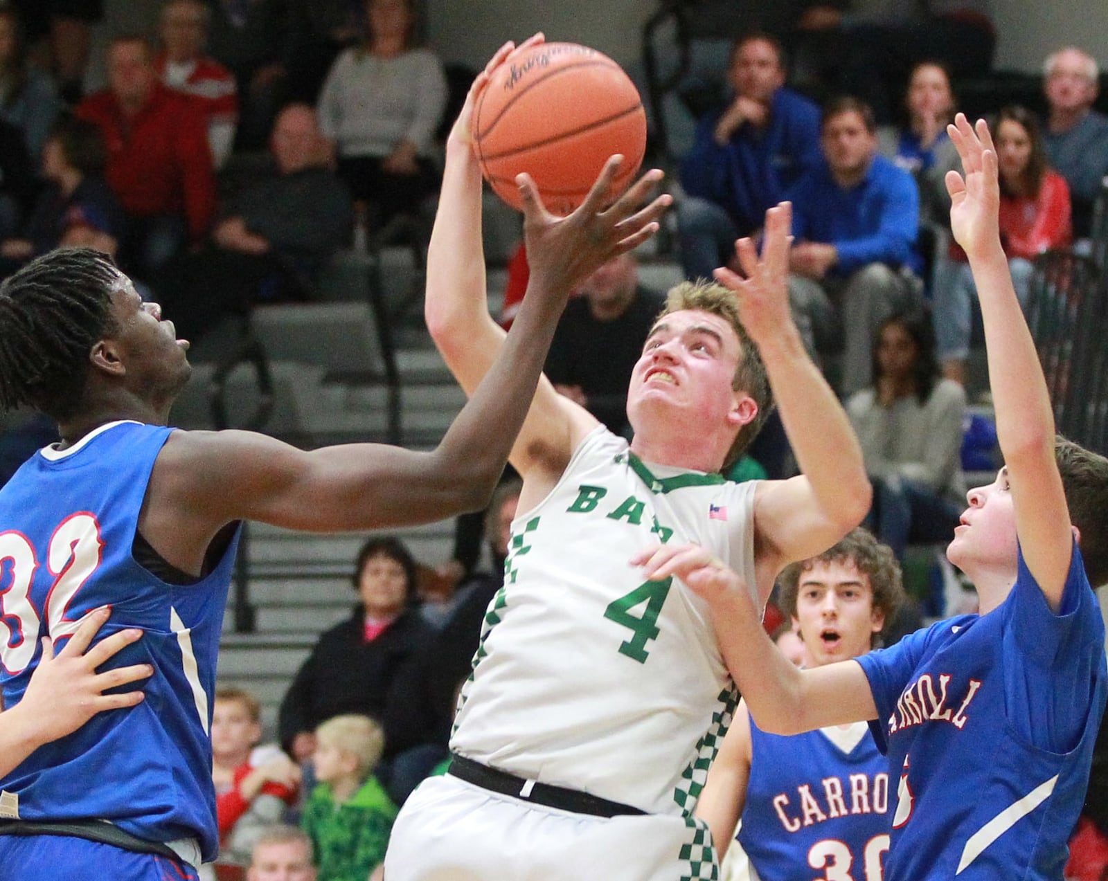 Ryan Kirkendall of Badin secures a rebound. Badin defeated visiting Carroll 65-52 in a GCL Co-Ed boys high school basketball game on Friday, Dec. 20, 2019. MARC PENDLETON / STAFF