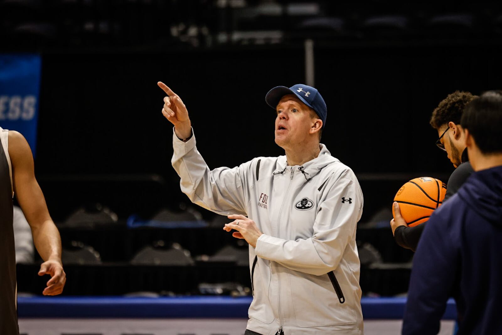 Fairleigh Dickinson head coach Tobin Anderson, center, during practice Tuesday, March 14, 2023, at the First Four at UD Arena in Dayton. JIM NOELKER/STAFF