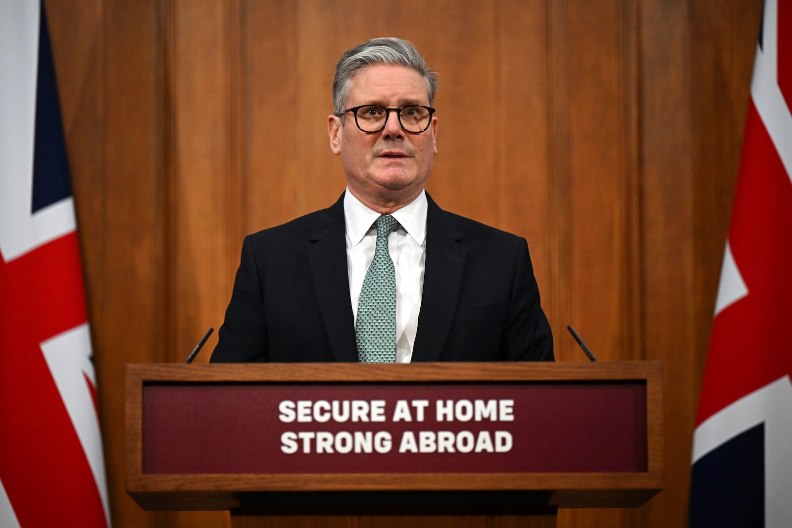 Britain's Prime Minister Keir Starmer delivers a statement on Defence spending at Downing Street in London, Tuesday, Feb, 25, 2025. (Leon Neal/Pool photo via AP)