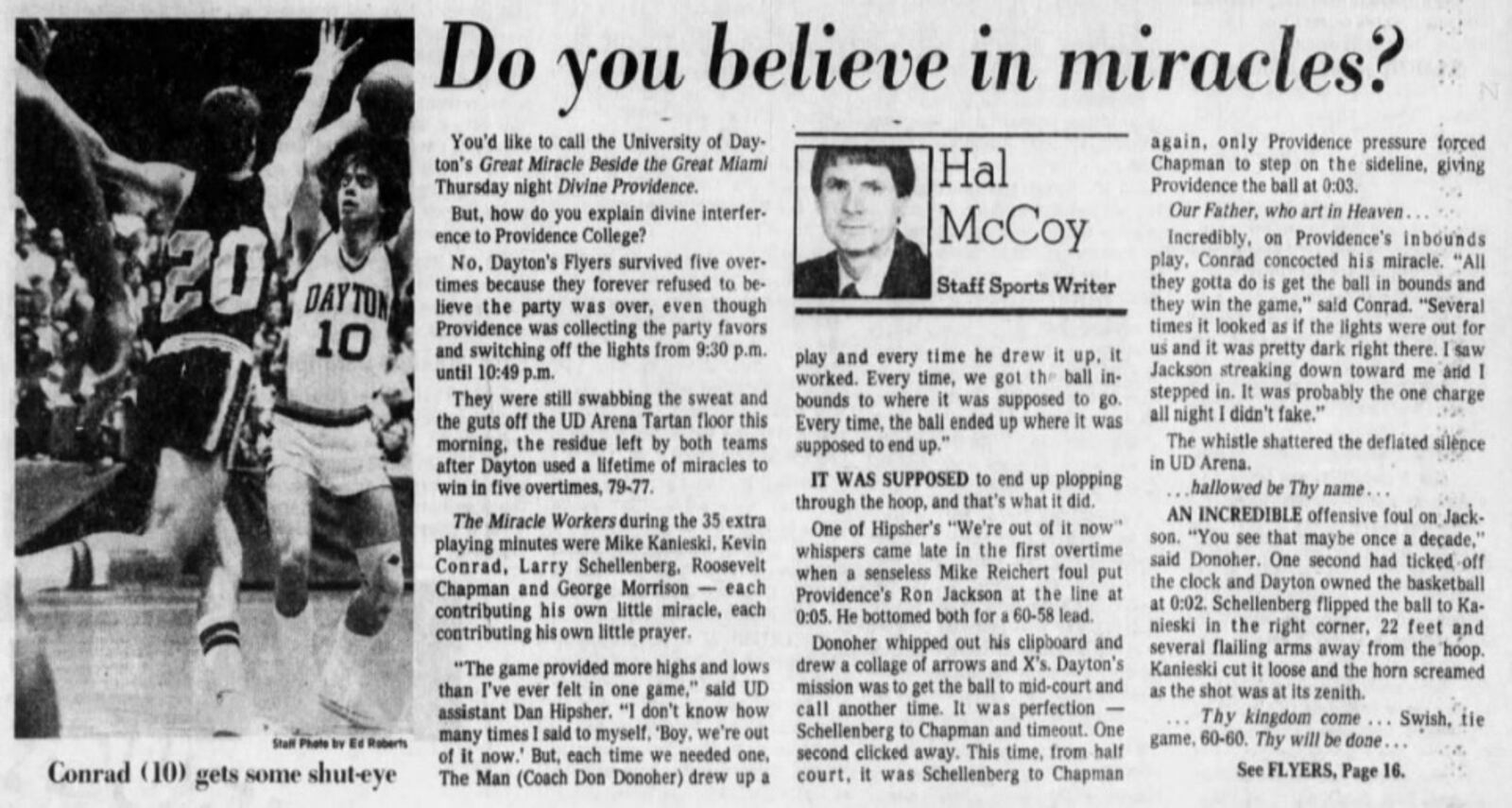 Hal McCoy story on Dayton's five-overtime win against Providence in 1982.