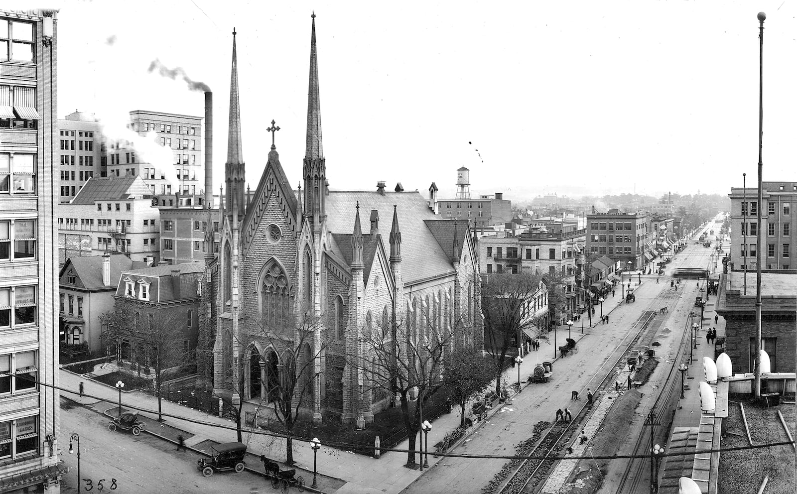 The Grace M. E. Church was erected at the southeast corner of Fourth and Ludlow Streets in 1870. It was dedicated on March 27, 1870. The lot cost $10,000; the building cost $114,000. After it was razed, the Keith Theater was built on the site. Today the 40 W. Fourth building, also known as the Grant Deneau tower, sits on the site.  PHOTO COURTESY OF THE DAYTON METRO LIBRARY / LUTZENBERGER PICTURE COLLECTION  http://content.daytonmetrolibrary.org/cdm/singleitem/collection/lutzenberge/id/34/rec/4