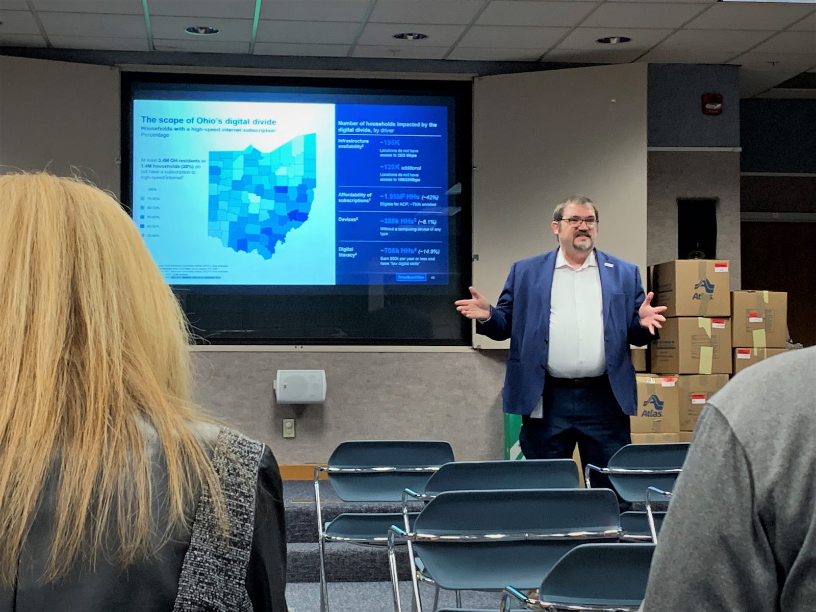 Chief of Broadband Ohio Peter Voderberg speaks to local nonprofits at the Xenia Community Library Thursday about the state's broadband expansion. LONDON BISHOP/STAFF