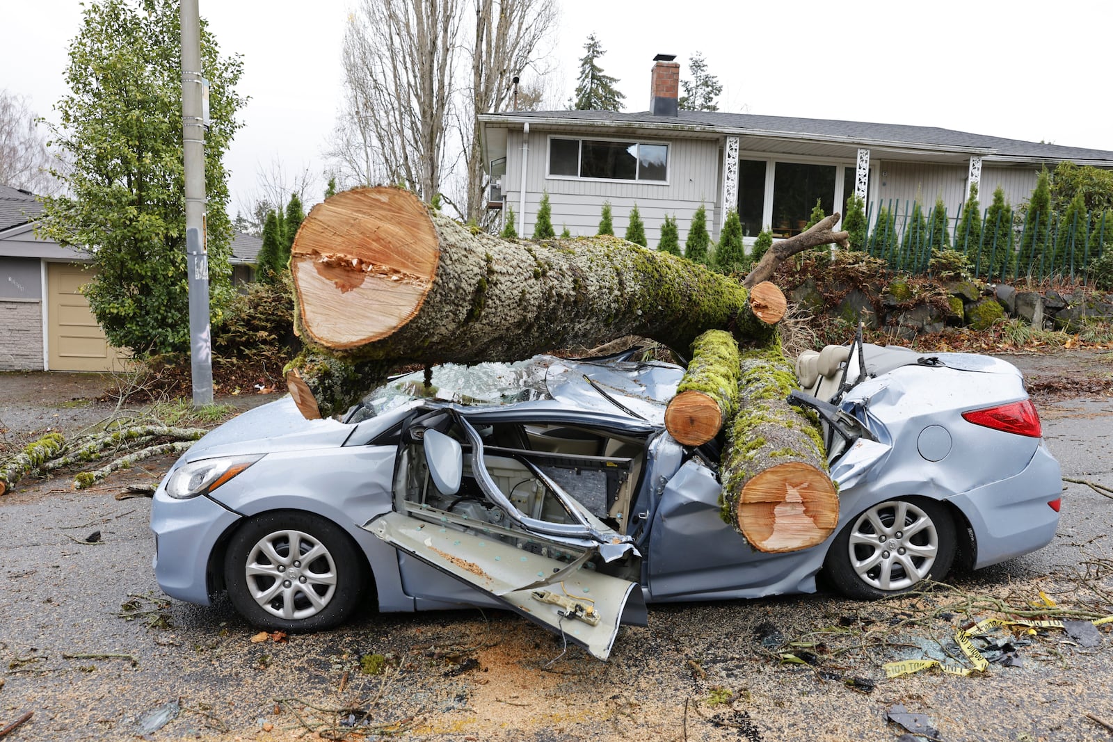 The aftermath of a "bomb cyclone" on NE 35th St. after severe weather hit last night, in Seattle, Wednesday, Nov, 20, 2024. (Karen Ducey/The Seattle Times via AP)