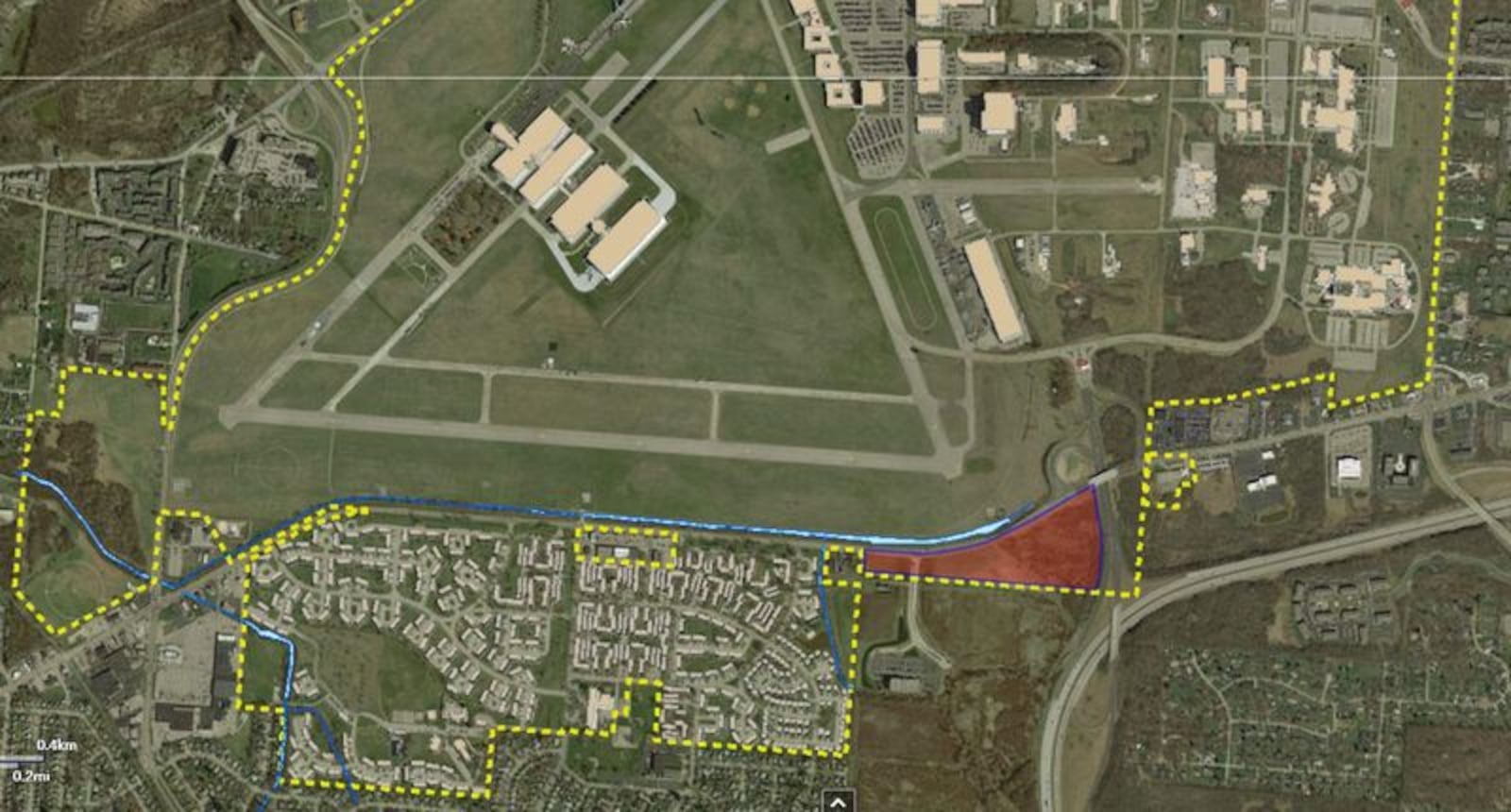 A map provided by Wright-Patterson Air Face Base showing "parcel 1" of the land to be made available as an "enhanced use lease." The Gerlaugh Farm Tract is 23.07 total acres and 22.30 developable acres. The parcel is shown in red.