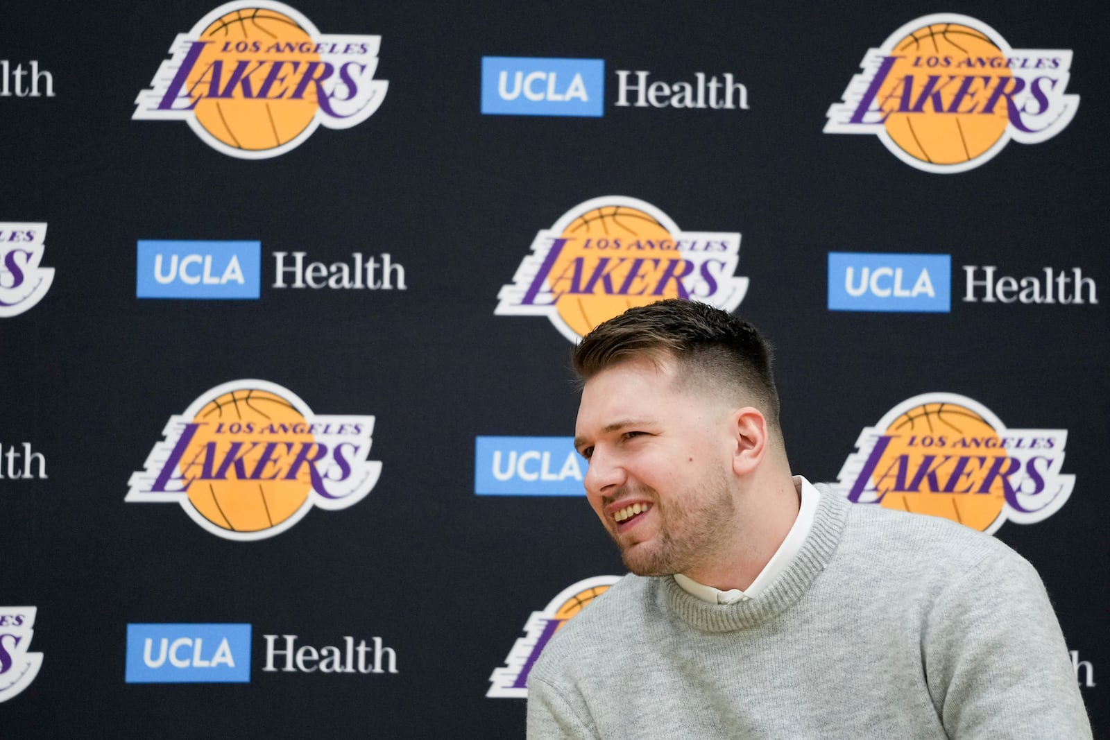 Los Angeles Lakers' Luka Doncic fields questions during an introductory NBA basketball press conference Tuesday, Feb. 4, 2025, in El Segundo, Calif. (AP Photo/Jae C. Hong)