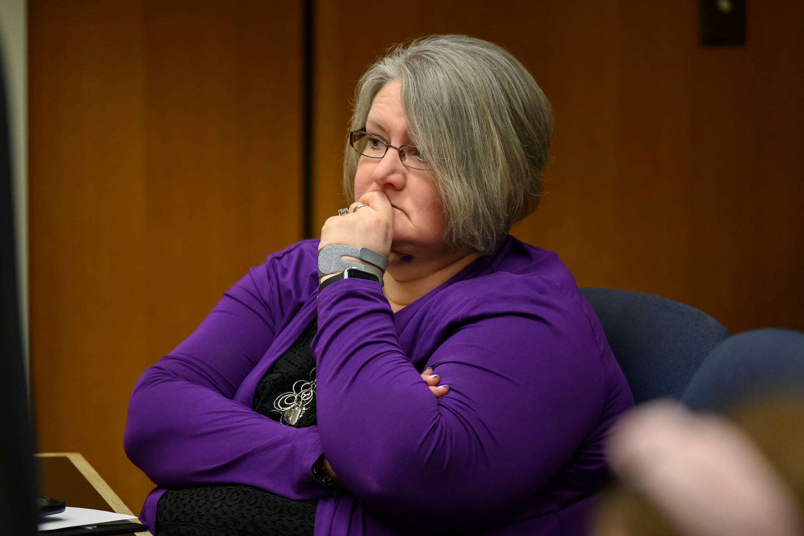 Tayna Zuvers listens to testimony during a hearing to have her sons Andrew, Alexander, and Tanner Skelton be officially declared deceased, at Lenawee County probate court, in Adrian, Mich., March 3, 2025. (David Guralnick/Detroit News via AP)