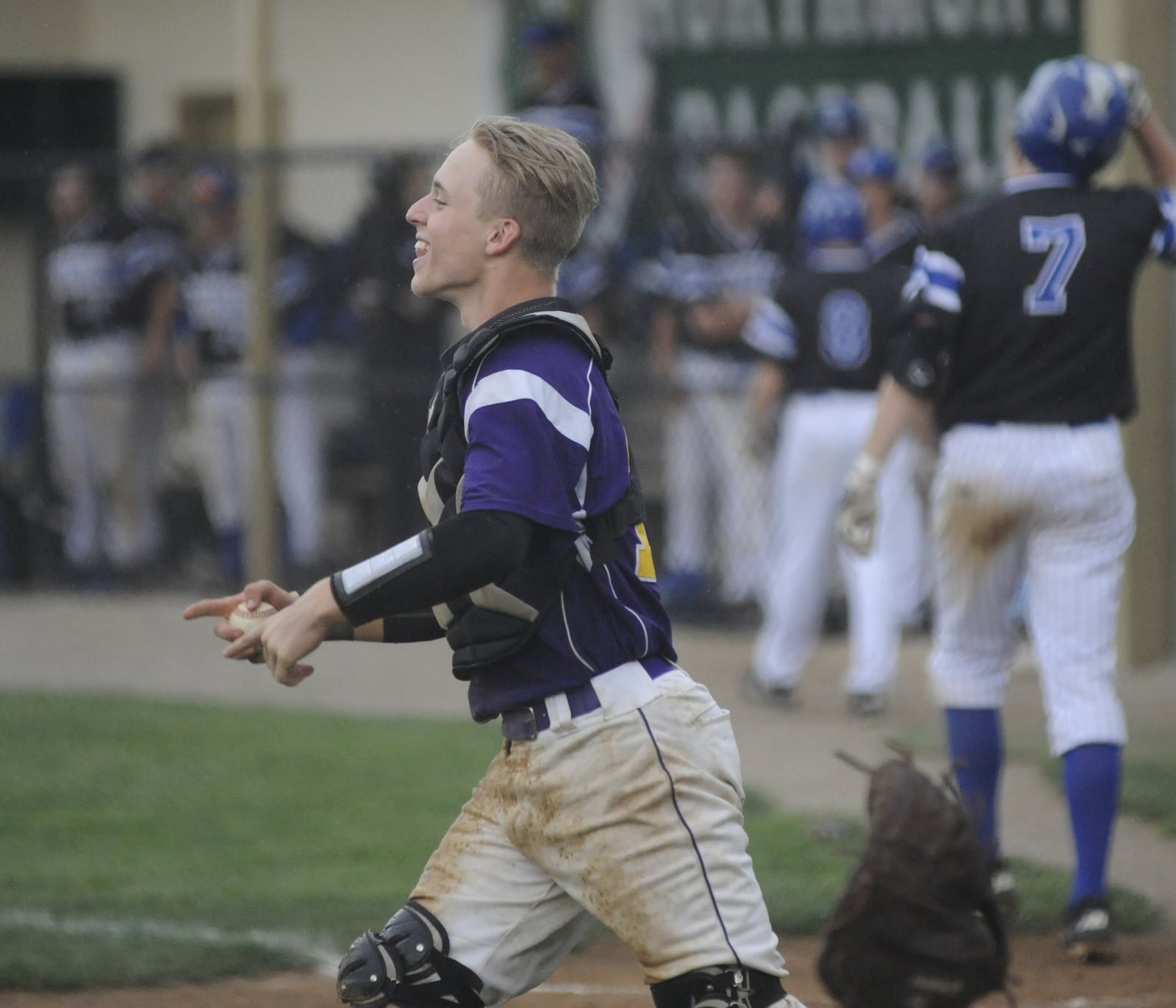 Butler freshman catcher Boston Smith races to celebrate. Butler defeated Springboro 4-3 in a D-I high school baseball sectional final at Northmont on Thu., May 17, 2018. MARC PENDLETON / STAFF