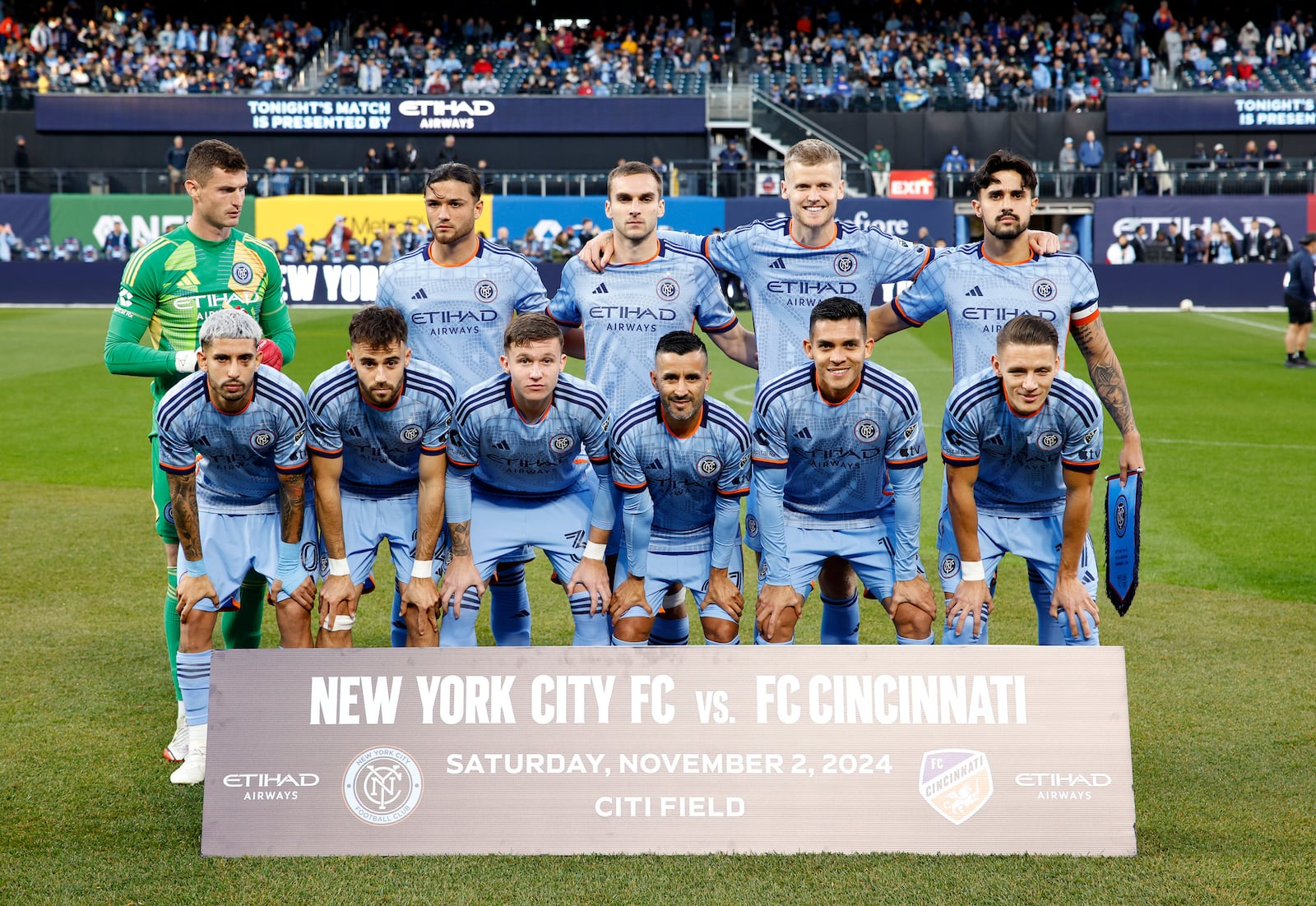 The New York City FC team pose for a photo prior to a soccer match against FC Cincinnati in the MLS Cup playoffs Saturday, Nov. 2, 2024, in New York. (AP Photo/Kena Betancur)