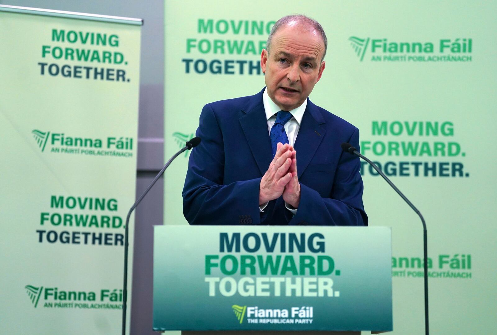 Tanaiste and Fianna Fail Leader Micheal Martin speaks to the media during a press event at the Radisson Blu Royal Hotel, on Golden Lane, Dublin, Wednesday Nov. 27, 2024, ahead of the General Election on November 29. (Brian Lawless/PA via AP)