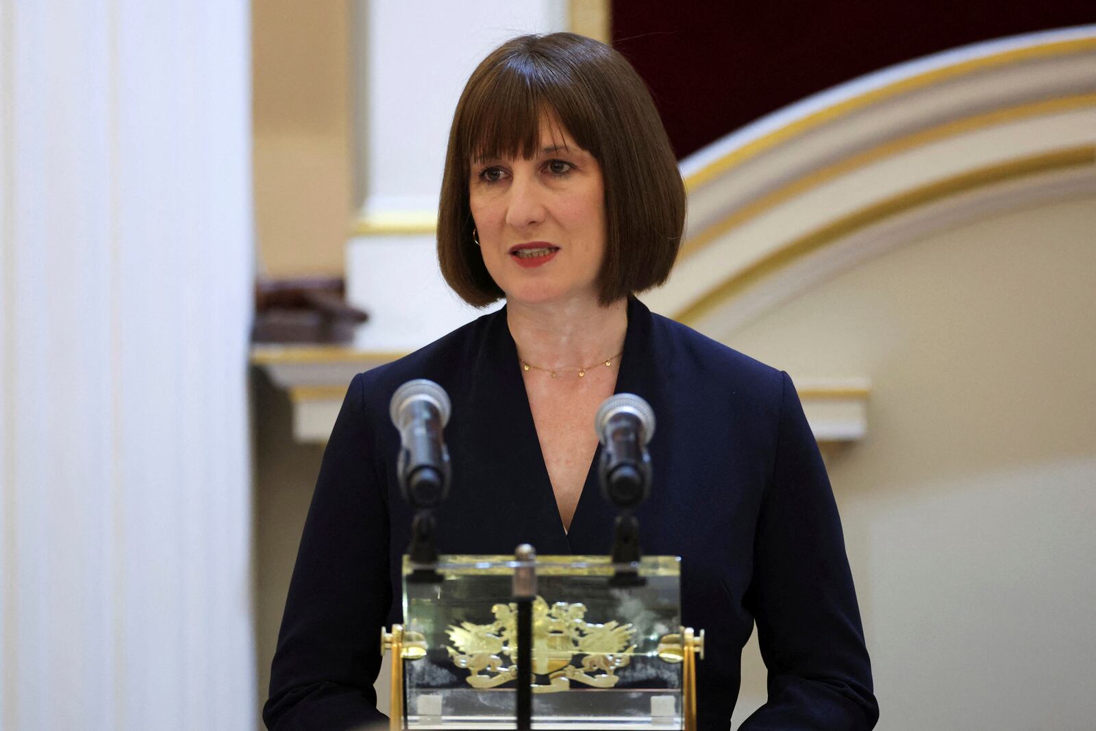 Chancellor of the Exchequer Rachel Reeves delivers her first Mansion House speech on financial services in the City of London, during the Financial and Professional Services Dinner, in the Egyptian Hall of Mansion House, Thursday, Nov. 14, 2024. (Isabel Infantes/PA via AP)