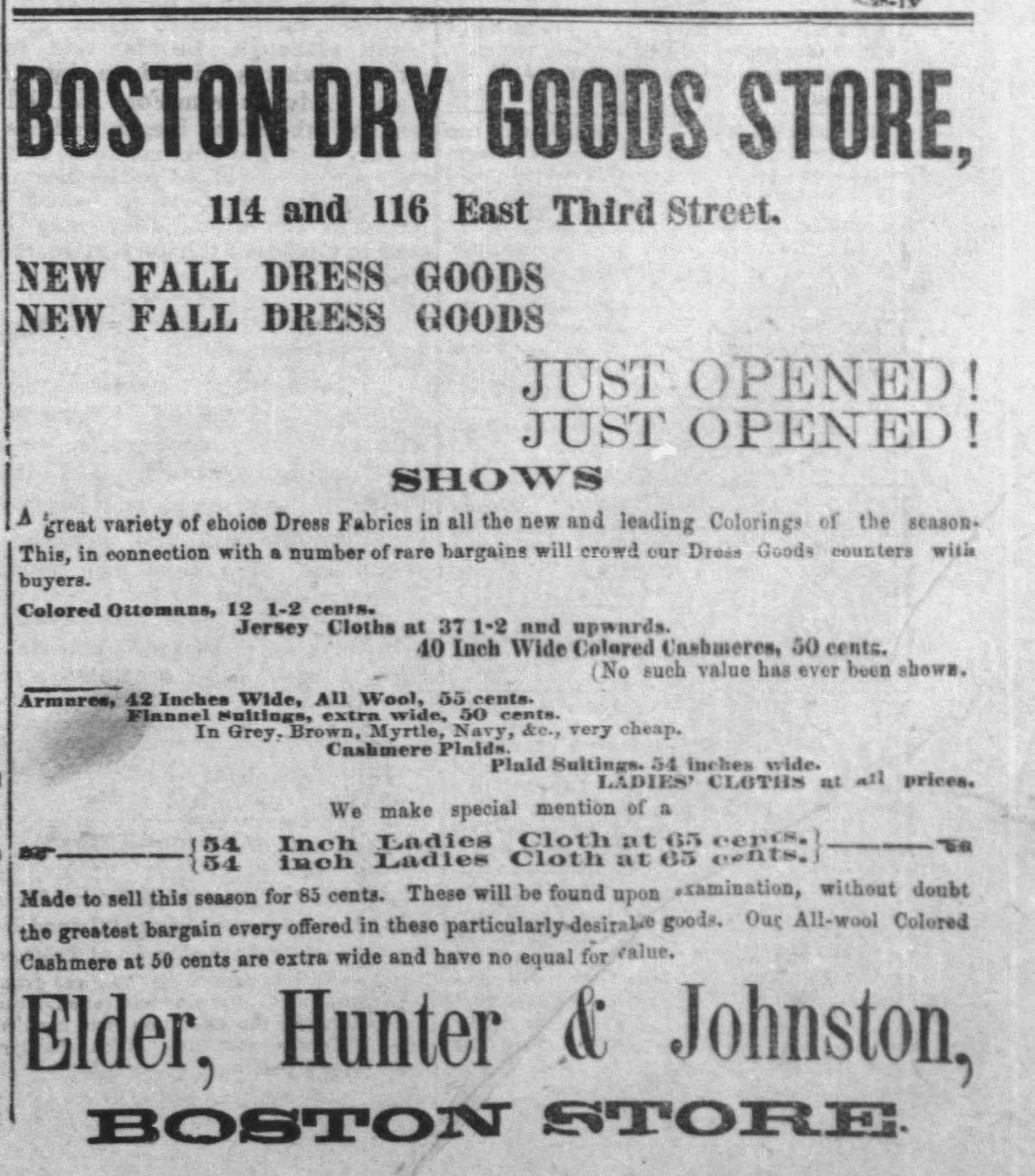 In 1883, Elder-Beerman history began when the Boston Dry Goods Store was opened on East Third Street in downtown Dayton, Ohio by Thomas Elder, William Hunter, Jr. and Russell Johnston, selling textiles, clothing and groceries. DAYTON DAILY NEWS ARCHIVES.