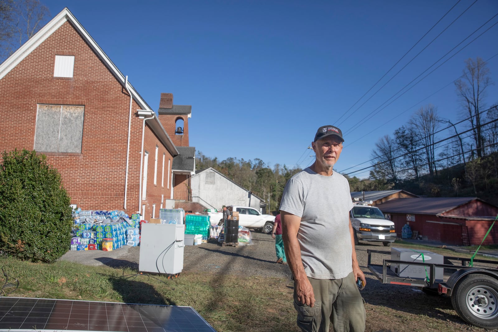 Bobby Renfro has spent thousands of dollars running generators to power a resource hub at the community building he established in Tipton Hill, N.C. on Oct. 9, 2024. (AP Photo/Gabriela Aoun Angueria)