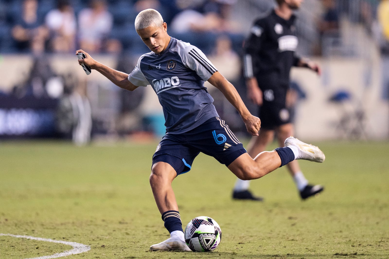 FILE - Philadelphia Union's Cavan Sullivan warms up before a Leagues Cup soccer game against Mazatlan FC, Saturday, Aug. 17, 2024, in Chester, Pa. (AP Photo/Chris Szagola, File)