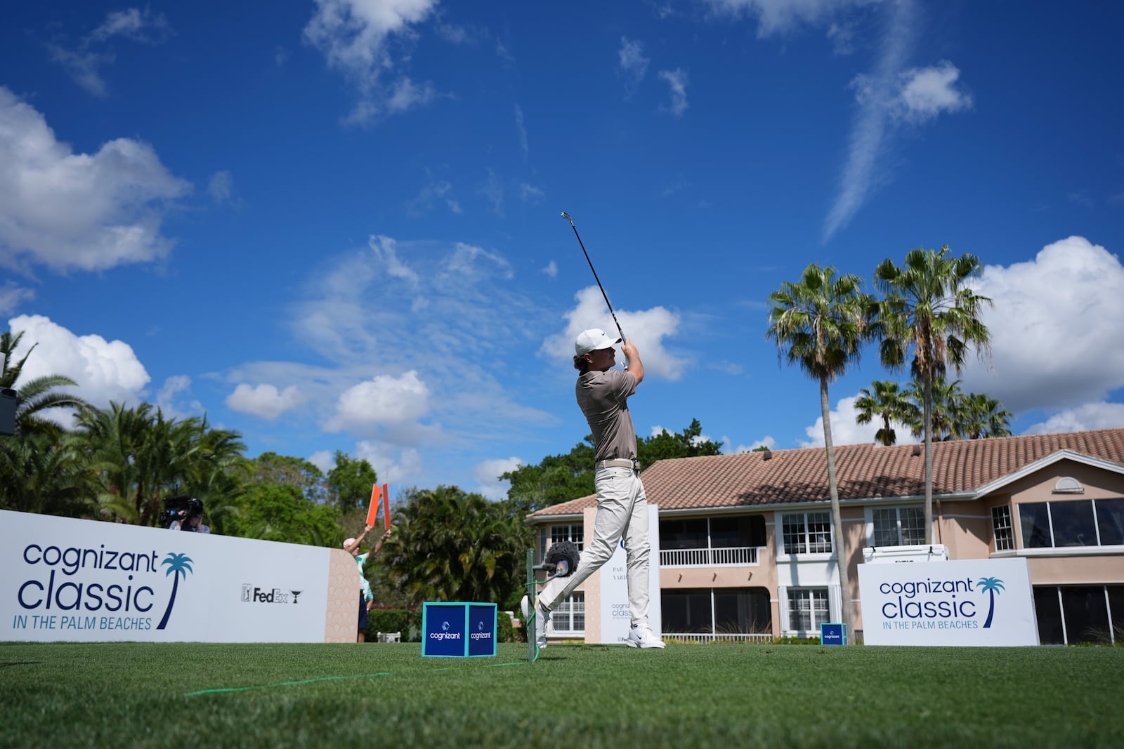 Luke Clanton tees off on the eighth hole during the first round of the Cognizant Classic golf tournament, Thursday, Feb. 27, 2025, in Palm Beach Gardens, Fla. (AP Photo/Rebecca Blackwell)