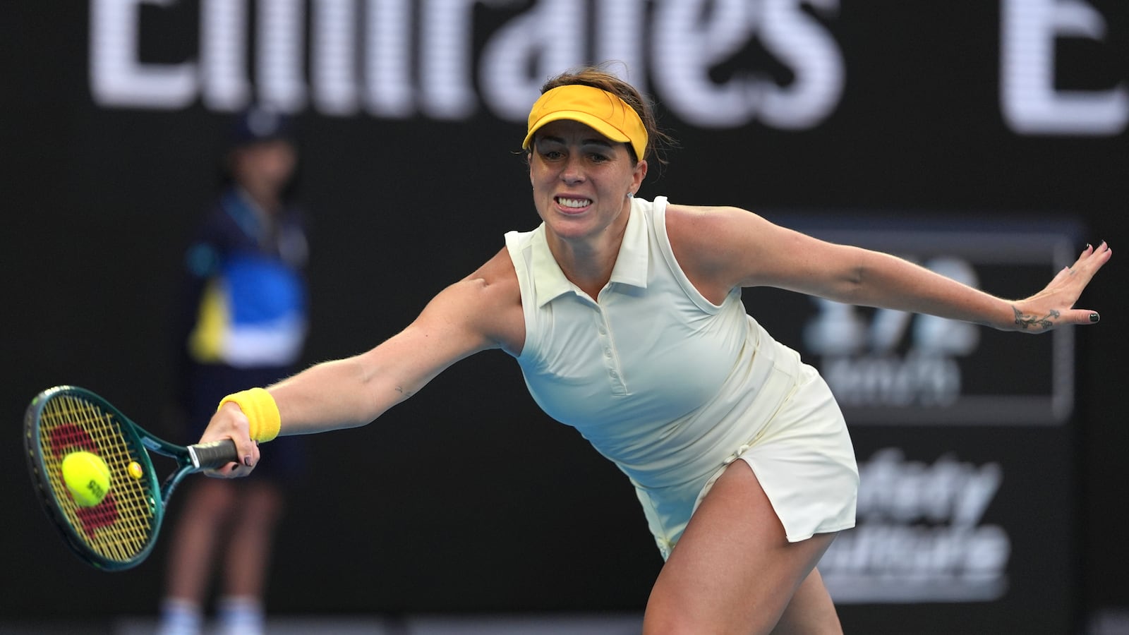 Anastasia Pavlyuchenkova of Russia plays a forehand return to Aryna Sabalenka of Belarus during their quarterfinal match at the Australian Open tennis championship in Melbourne, Australia, Tuesday, Jan. 21, 2025. (AP Photo/Ng Han Guan)