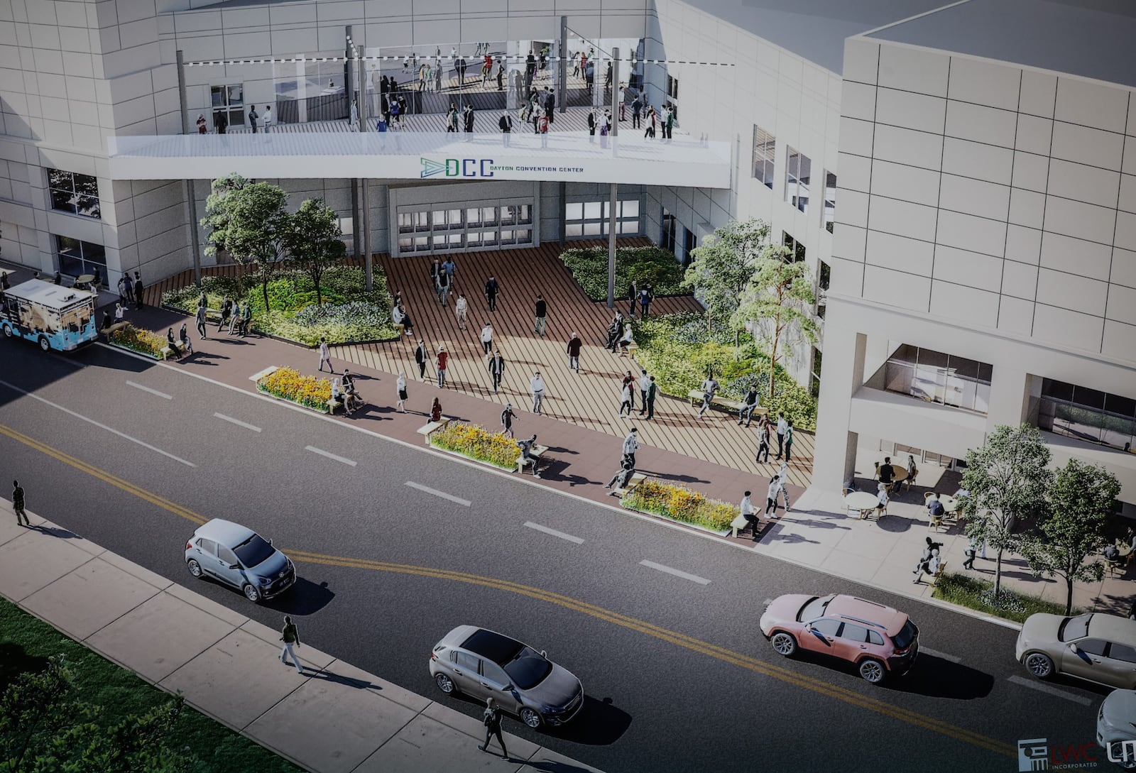 This is an artist rendering of the front of the Dayton Convention Center without the large three-story steel mesh rotunda sculpture at the entrance. JIM NOELKER/STAFF