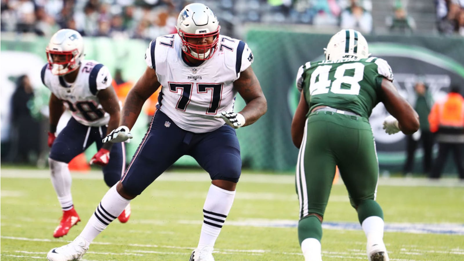 Trent Brown #77 of the New England Patriots in action against the New York Jets during their game at MetLife Stadium on November 25, 2018 in East Rutherford, New Jersey.