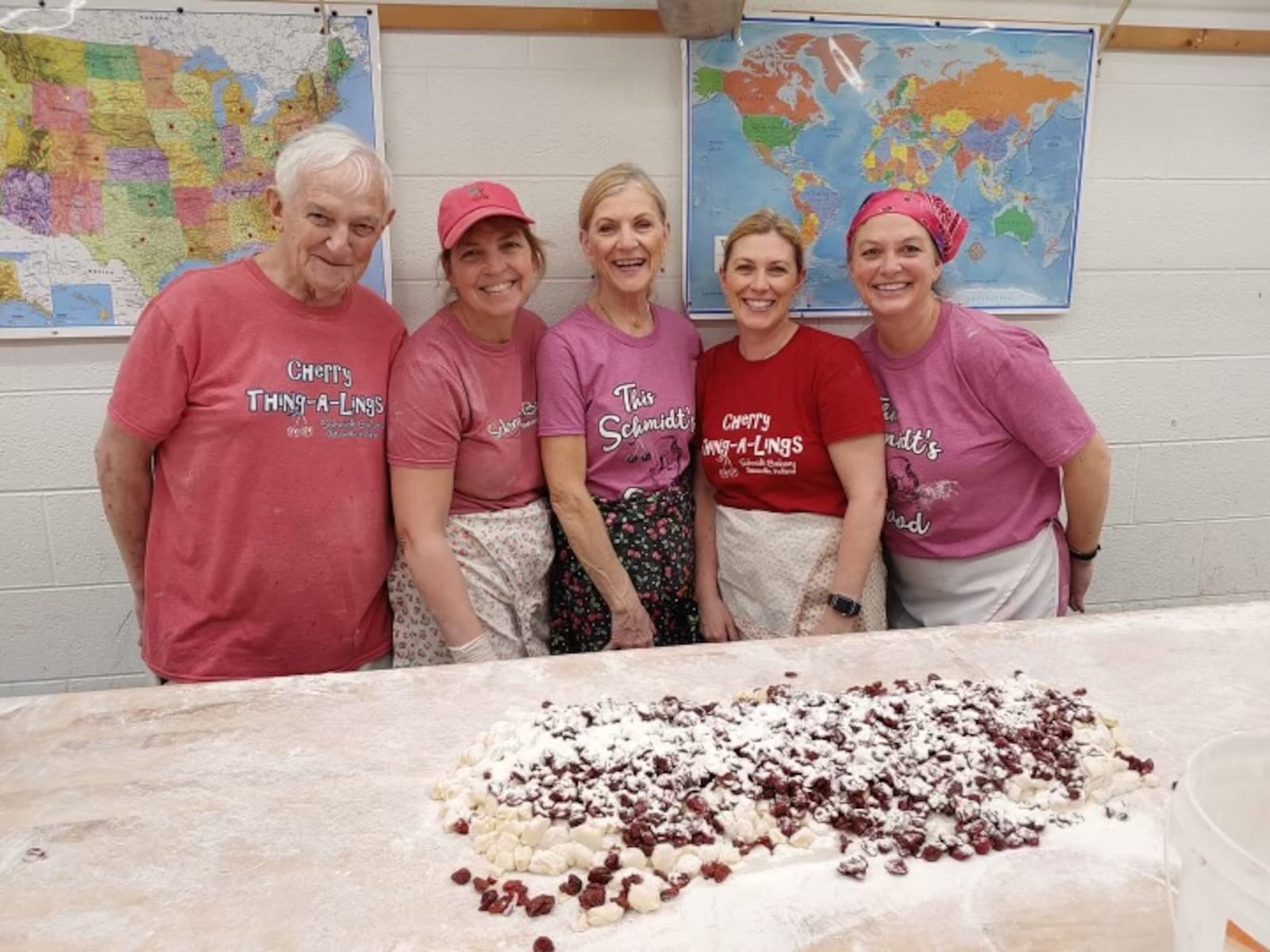 Schmidt Bakery, located at 125 Batesville Shopping Village in Batesville, Indiana, will have Cherry-Thing-A-Lings 4 a.m. to 6 p.m. Thursday, Feb. 15 through Monday, Feb. 19. Pictured (left to right) is Clem Schmidt, Ginger Puente, Bertie Schmidt, Kim Atkinson and Cindy Todd (CONTRIBUTED PHOTO).