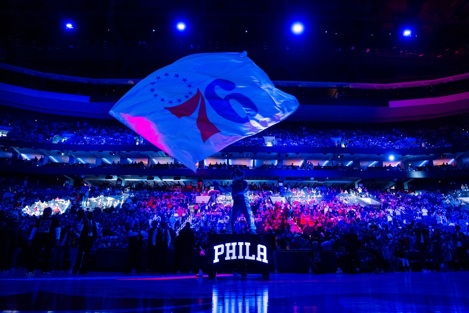 FILE - Philadelphia 76ers mascot Franklin waves the flag during pre-game introductions prior to the NBA basketball game against the Brooklyn Nets, April 14, 2024, in Philadelphia. (AP Photo/Chris Szagola, file)