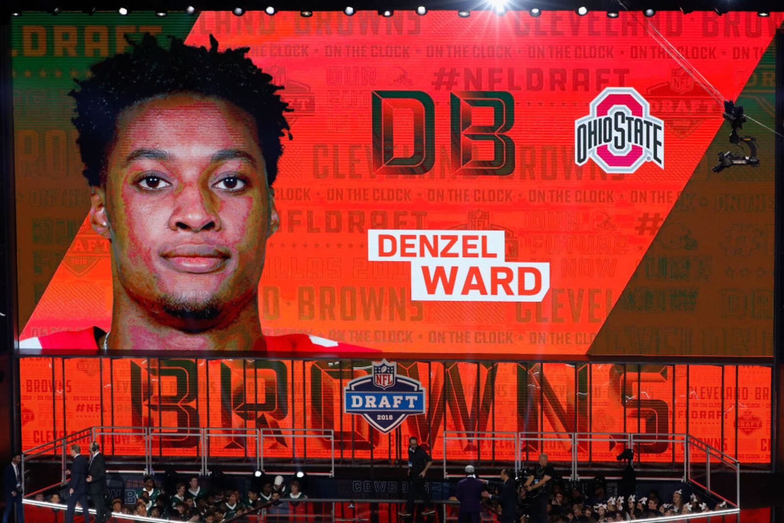 ARLINGTON, TX - APRIL 26:  A video board displays an image of Denzel Ward of Ohio State after he was picked #4 overall by the Cleveland Browns during the first round of the 2018 NFL Draft at AT&T Stadium on April 26, 2018 in Arlington, Texas.  (Photo by Tim Warner/Getty Images)