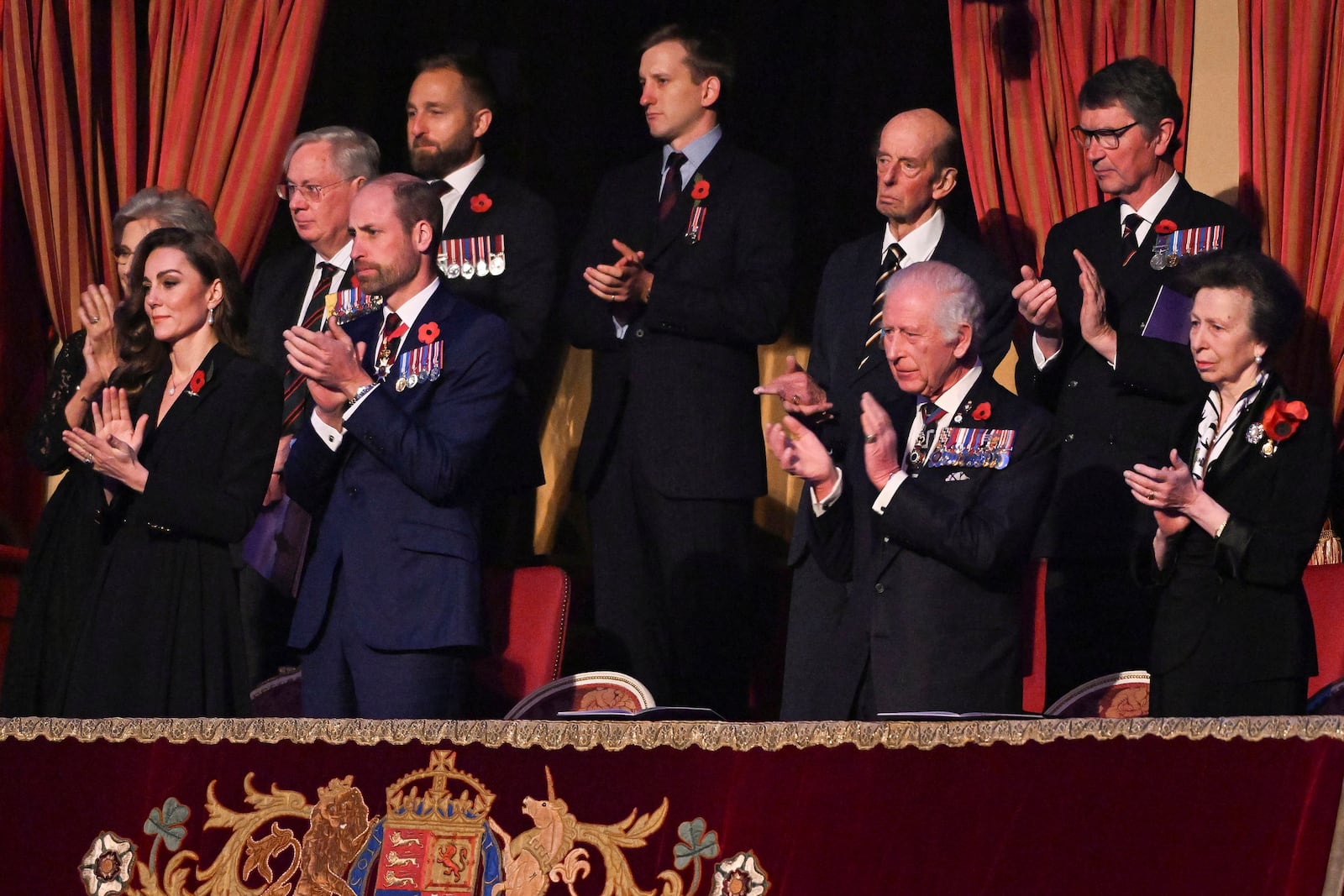 From left, on first row: Britain's Catherine, Princess of Wales, Britain's Prince William, Britain's King Charles and Britain's Princess Anne, Princess Royal, attend the Royal British Legion Festival of Remembrance at the Royal Albert Hall in London, Saturday Nov. 9, 2024. (Chris J. Ratcliffe/Pool Photo via AP)