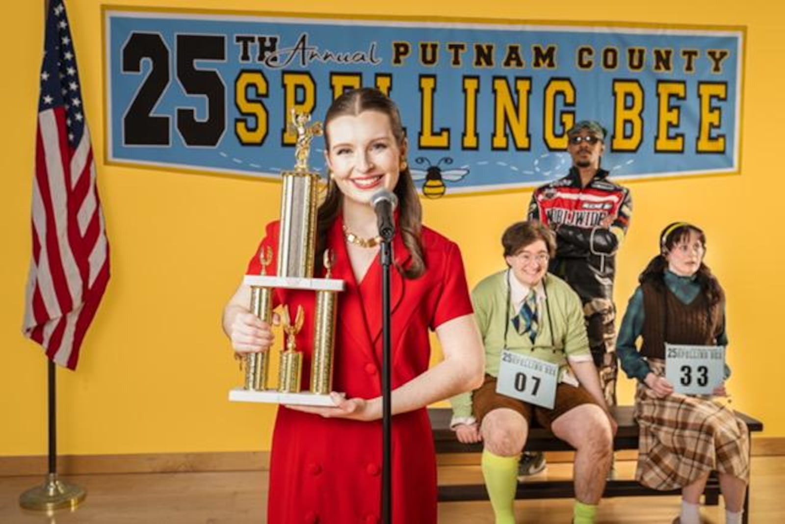 Left to right: Lindsay Bates (Rona Lisa Peretti), James Newton (William Barfee), Blaise D-B (Mitch Mahoney), and Sara Ashley Tuohy (Logainne Schwartzandgrubenniere) in Wright State University's production of "The 25th Annual Putnam County Spelling Bee." PHOTO BY SCOTT ROBBINS