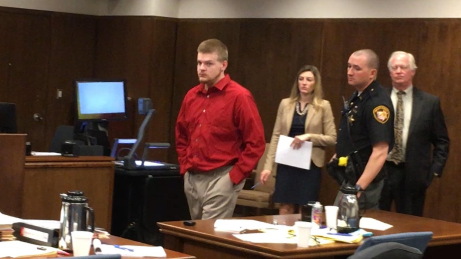 Ryan “Luke” St. John leaves the courtroom during Friday’s lunch break during his murder trial. Attorneys finished closing arguments just before noon and were scheduled to get jury instructions after lunch before they start deliberations. MARK GOKAVI/Staff