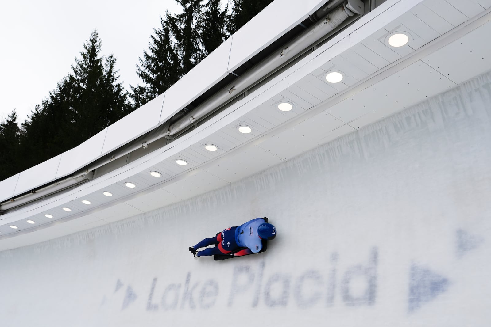 Matt Weston, of Britain, slides during his second run at the skeleton world championships, Thursday, March 6, 2025, in Lake Placid, N.Y. (AP Photo/Julia Demaree Nikhinson)