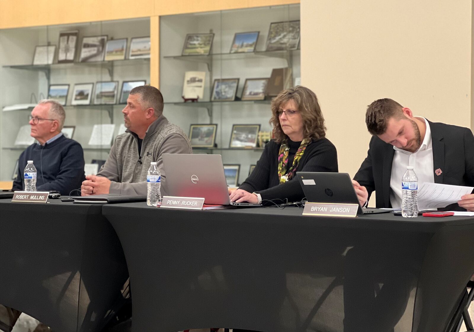 Huber Heights school board members (from left) Kelly Bledsoe and Robert Mullins, along with Treasurer Penny Rucker and Assistant Treasurer Bryan Janson. AIMEE HANCOCK/STAFF