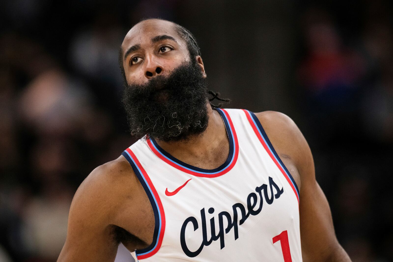 Los Angeles Clippers guard James Harden looks on during the second half of an NBA basketball game against the Washington Wizards, Thursday, Jan. 23, 2025, in Inglewood, Calif. (AP Photo/William Liang)