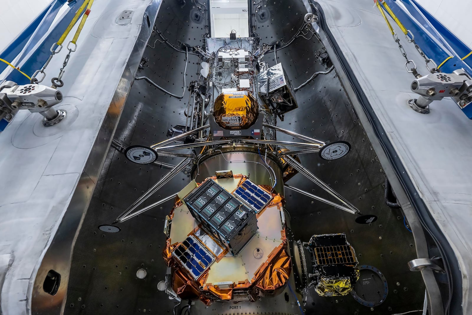 In this undated image released by NASA, Intuitive Machines’ newest lunar lander is seen attached to a SpaceX Falcon rocket. (NASA via AP)