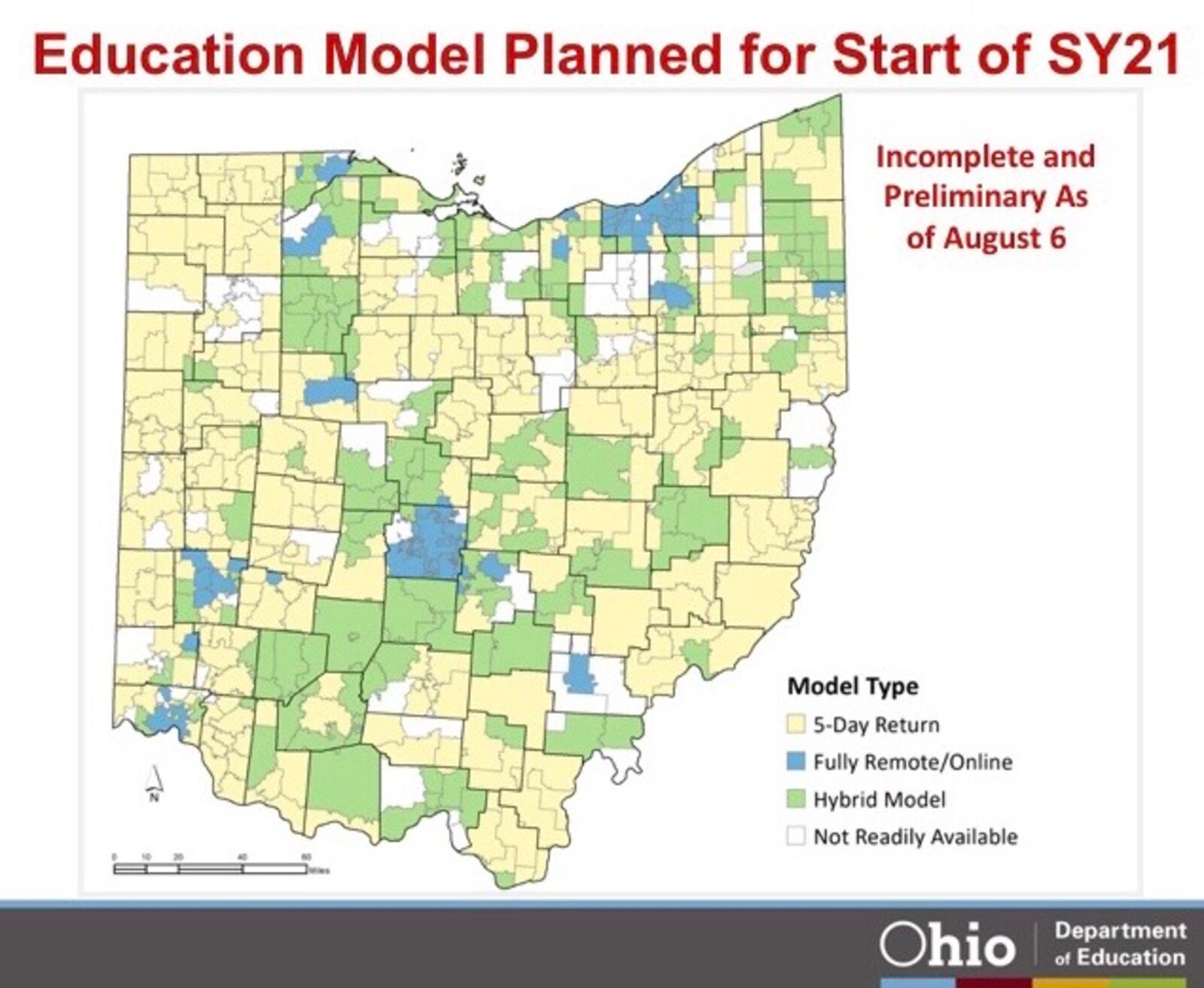 Ohio Department of Education map gives preliminary look at which school districts are restarting in-person vs. online.