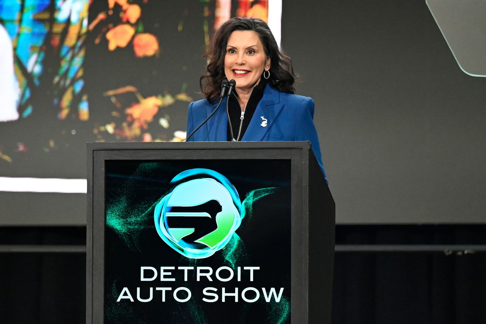 Michigan Gov. Gretchen Whitmer speaks at the Detroit Auto Show, Wednesday, Jan. 15, 2025, in Detroit. (AP Photo/Jose Juarez)