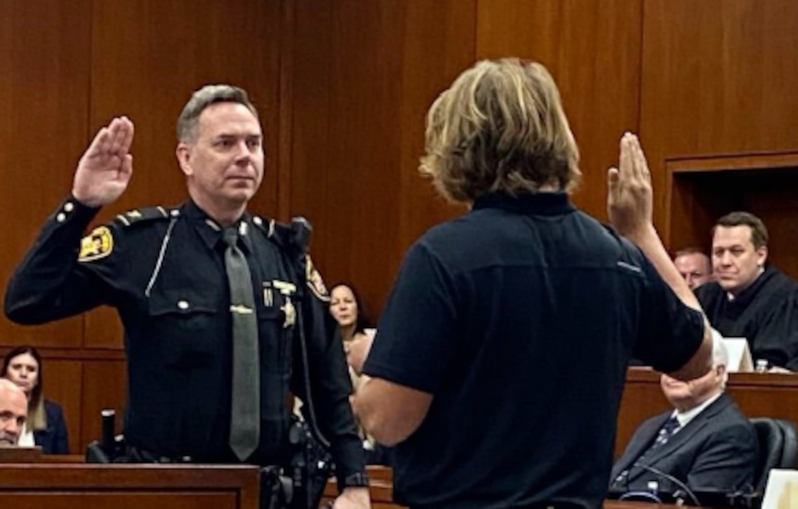 Warren County Sheriff Barry Riley was sworn in Dec. 17, 2024, by Jackson Dulle, son of Sgt. Brian Dulle who was killed in the line of duty in 2011. CONTRIBUTED