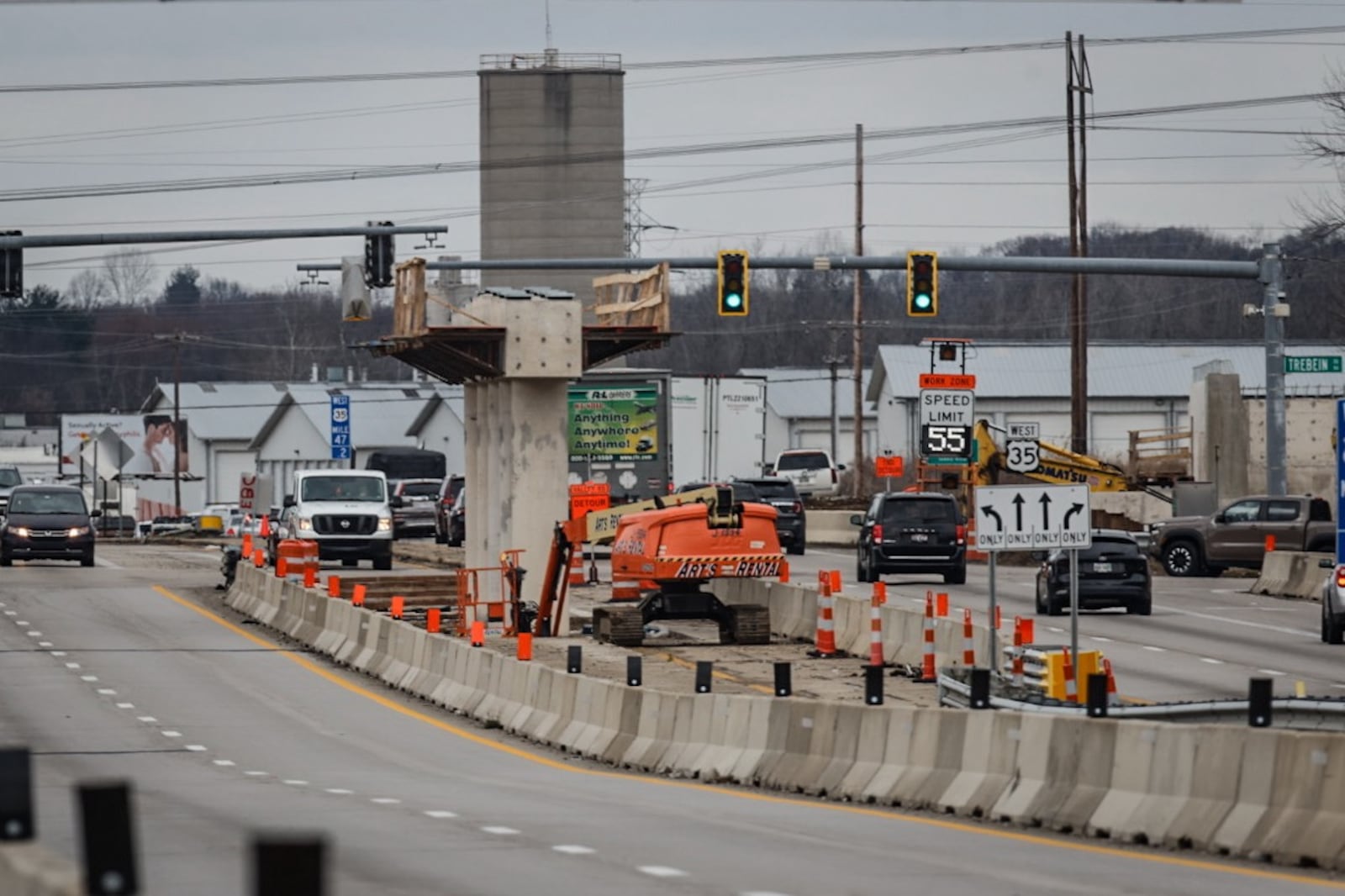 The traffic light intersection of U.S. 35 at Trebein Road is being turned into a traditional highway exit with ramps in 2023 and 2024. Jim Noelker/Staff