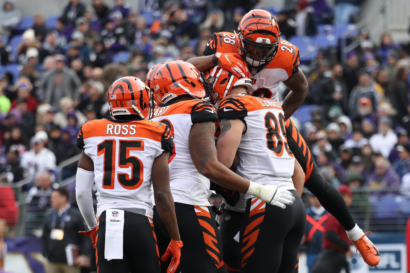 BALTIMORE, MD - NOVEMBER 18: Tight End Matt Lengel #89 of the Cincinnati Bengals celebrates with teammates after a touchdown in the third quarter against the Baltimore Ravens at M&T Bank Stadium on November 18, 2018 in Baltimore, Maryland. (Photo by Rob Carr/Getty Images)