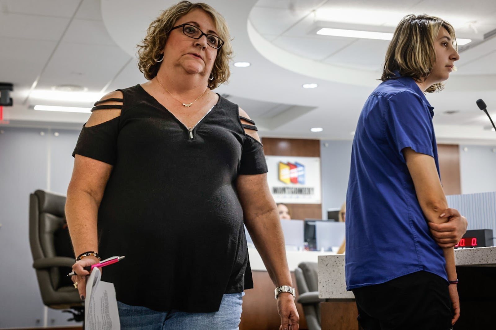 Paula Smith and her daughter Emilee spoke at the Montgomery County Commission Meeting on Tuesday October 29, 2024. Smith along with dozens of families voice their displeasure with the MC Board financial challenges. JIM NOELKER/STAFF