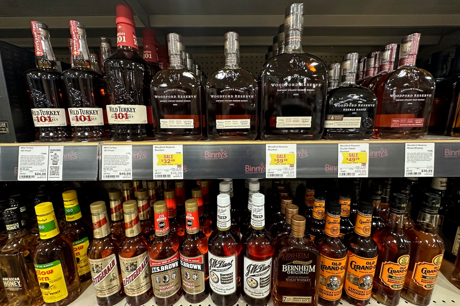 Bottles of Bourbon whiskey made in the United States are shown on display at a liquor store in Niles, Ill., Thursday, March 13, 2025. (AP Photo/Nam Y. Huh)