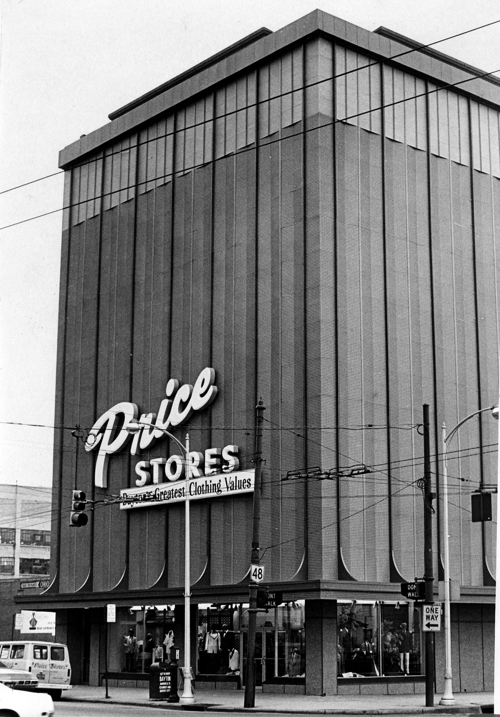 Exterior shot of Price Stores, 1972. At the time of the photo, the building's old brick exterior had recently been covered with a modern metal facade. The store is at Fourth and Jefferson streets in downtown Dayton.