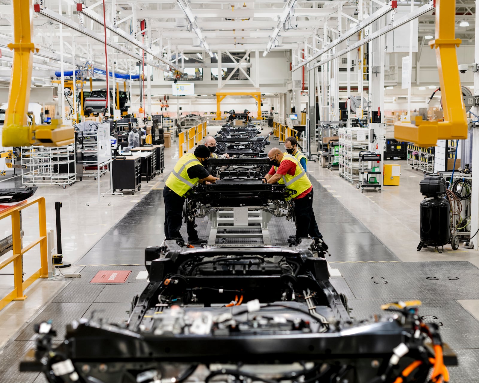 An assembly line at Rivian’s electric truck factory in Normal, Il., Jan. 13, 2021. Shares in Rivian soared on their first day of trading, Nov. 10, 2021, hoisting the company’s market value well above that of large established automakers even before it begins significant production. (Lyndon French/The New York Times).....