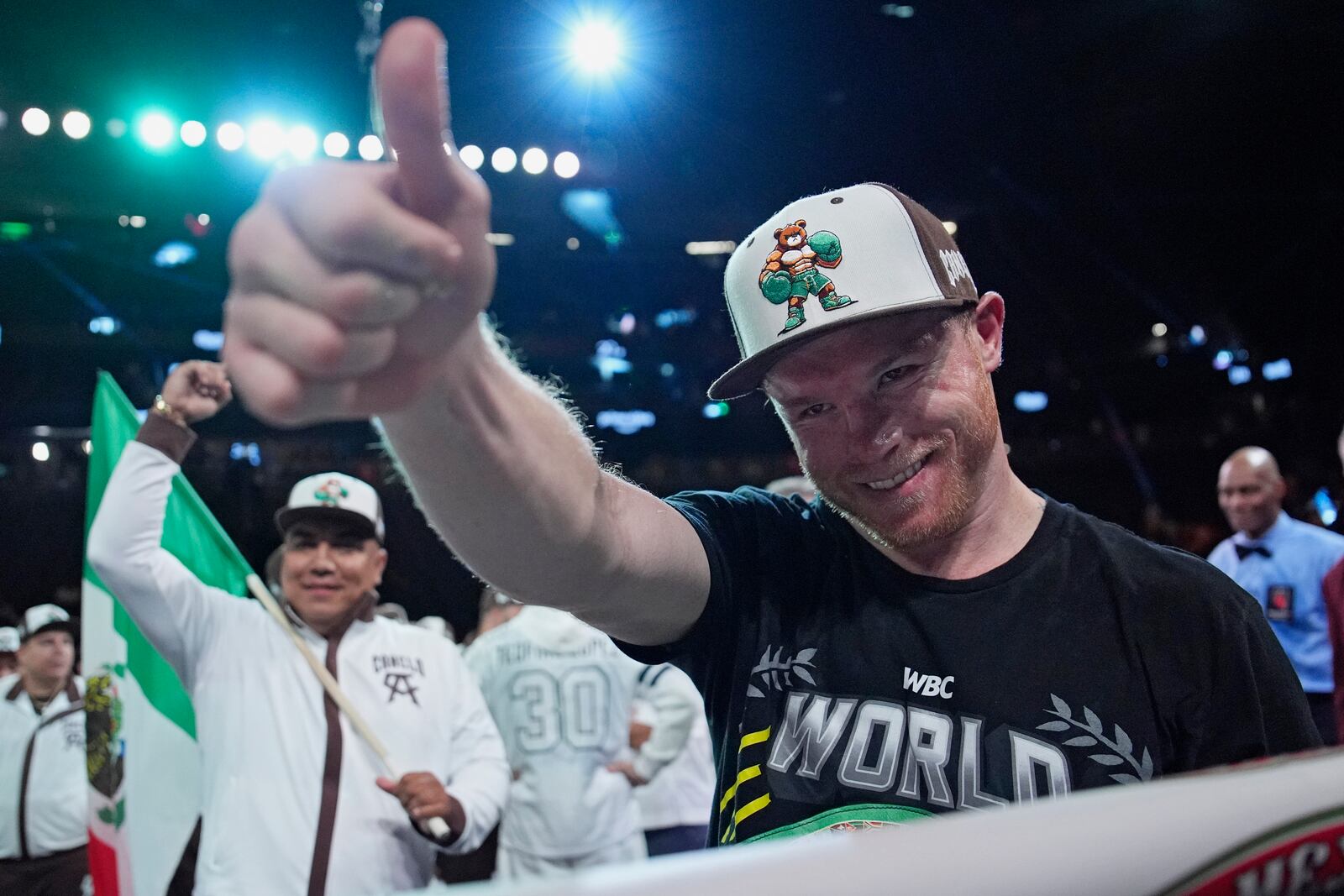 FILE - Canelo Alvarez celebrates after defeating Edgar Berlanga in a super middleweight title bout Sept. 14, 2024, in Las Vegas. (AP Photo/John Locher, File)